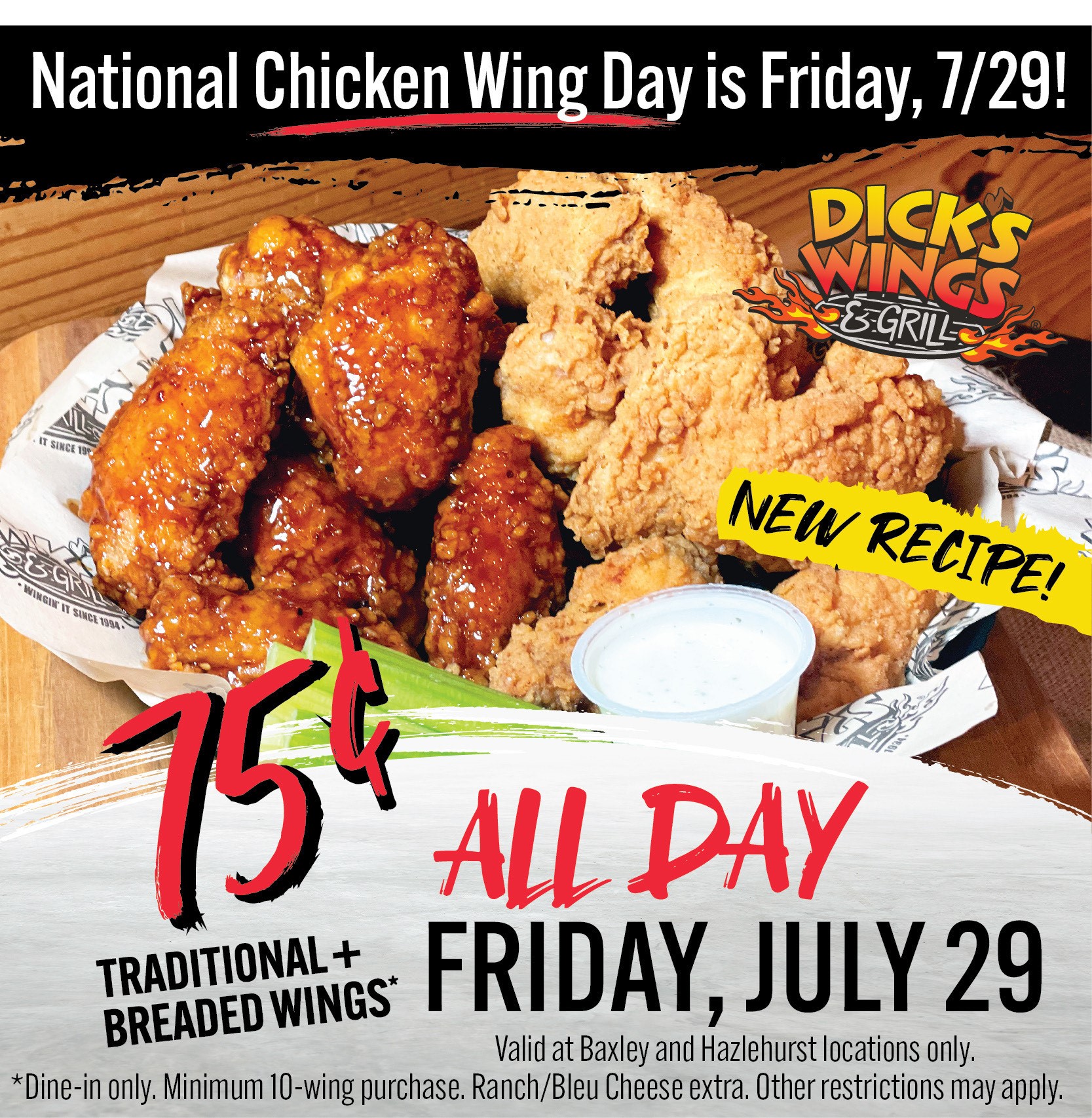 National Wing Day 7-29-22, 75 cent wings all day